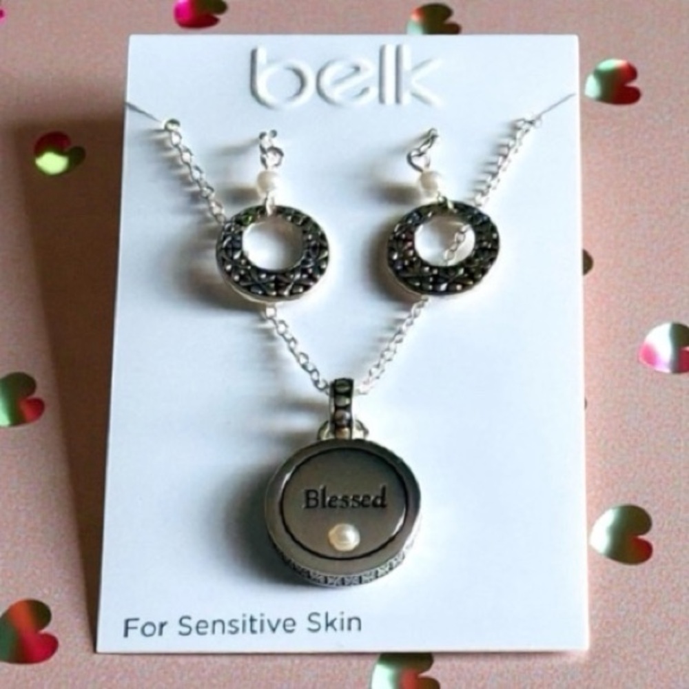Belk Silver Tone Necklace Blessed Pendant/ Earrings Set Valentine Birthday Gift